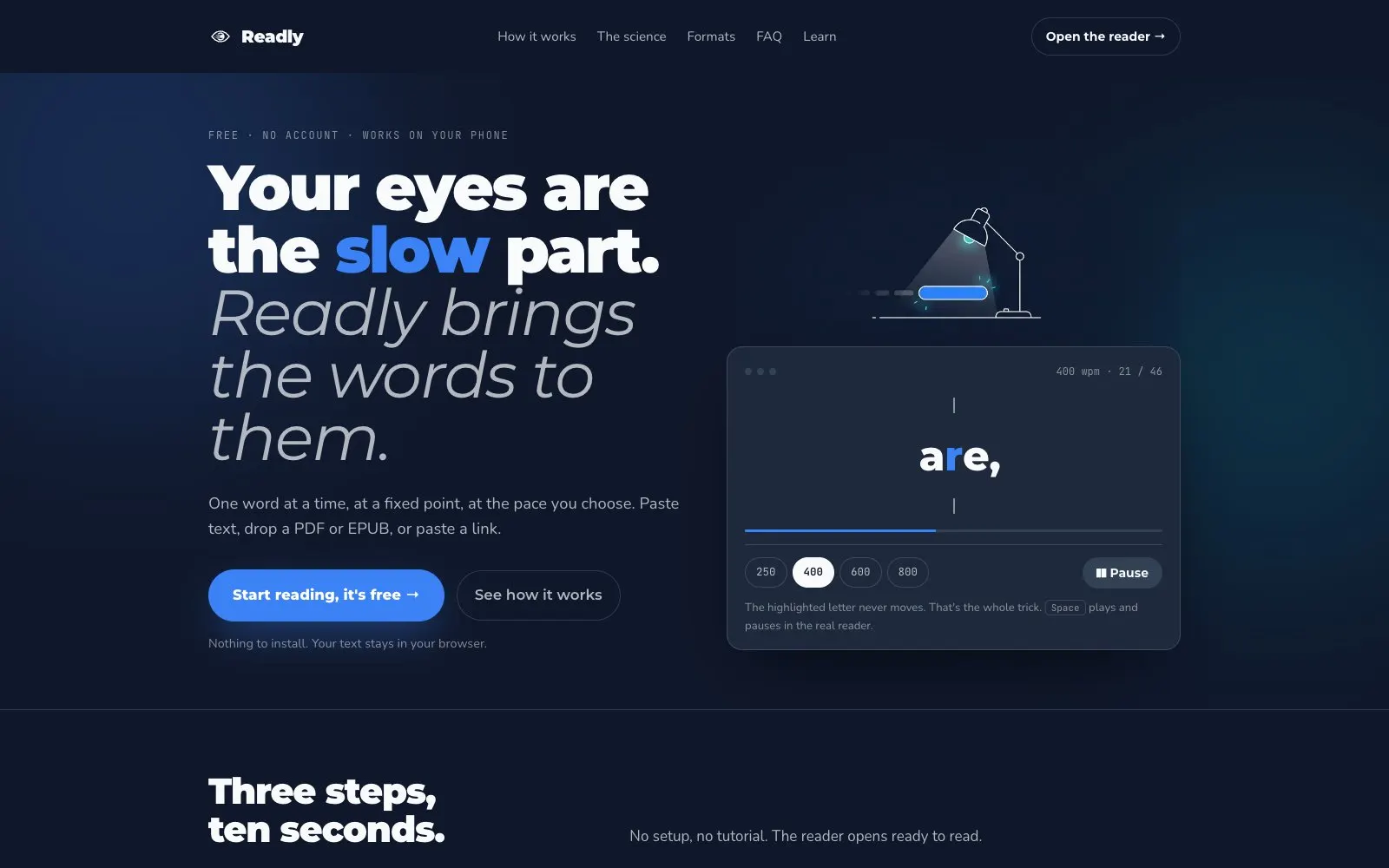 Readly landing page with its reader showing one word and the focus letter highlighted